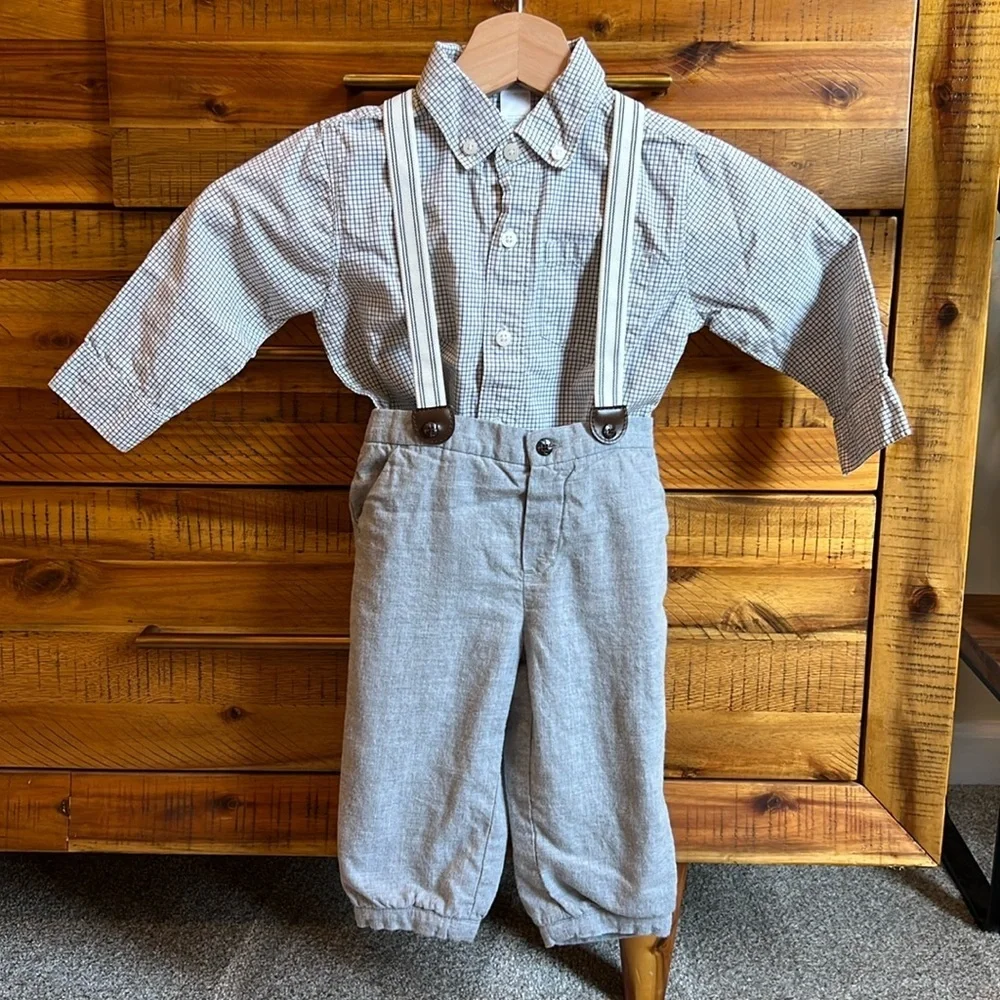 Janie & Jack Baby Boys Twill Suspender Pants & Long Sleeve Button Down Shirt Set